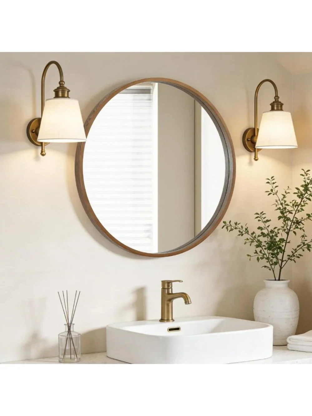 24-Inch Round Wood Frame Mirror for Bathroom, Vanity, Entryway & Living Room